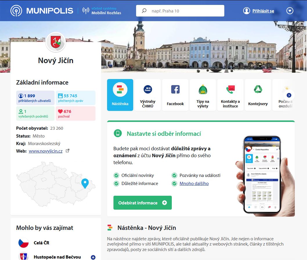 Hlavní menu aplikace Munipolis pro občany Nového Jičína