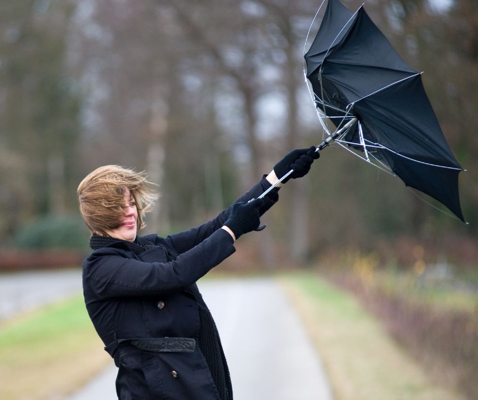 Paní držící deštník v parku při větru