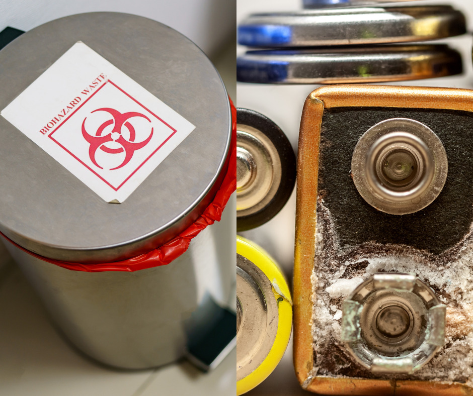 Nebezpečný odpad v koši a staré baterie