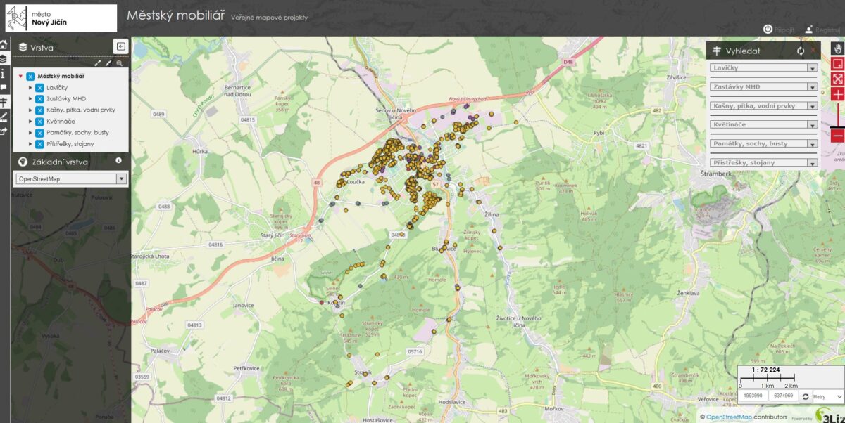 Mapa se zaznačením městského mobiliáře