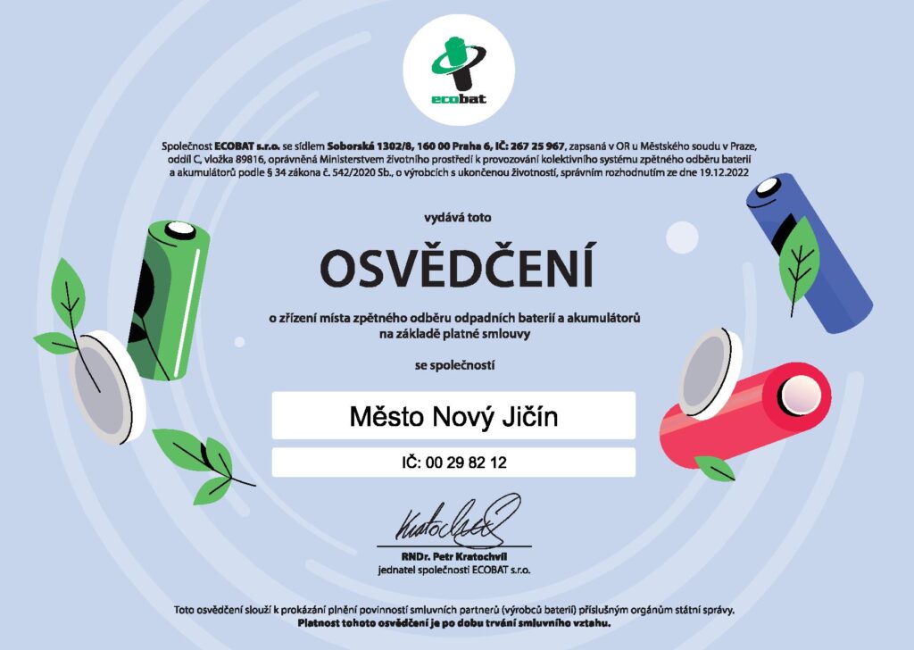 Osvědčení pro Město Nový Jičín o zřízení místa zpětného odběru