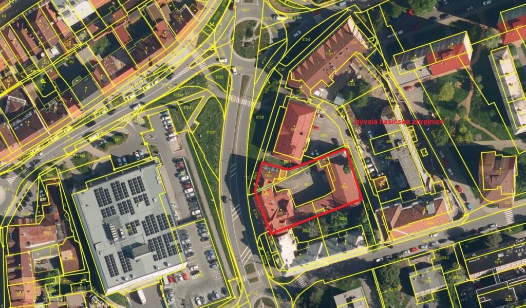 mapa s vyznačeným areálem bývalé hasičárny