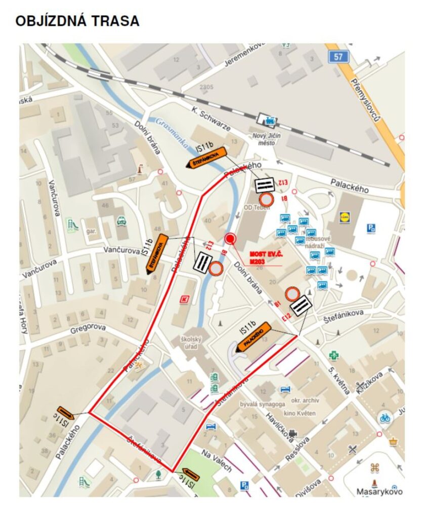mapka znázorňující objízdnou trasu