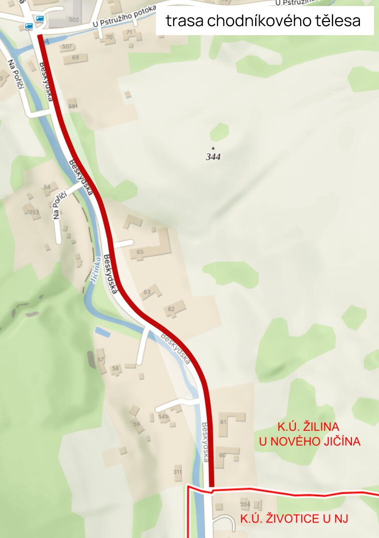 Mapka značící trasu budoucího chodníku