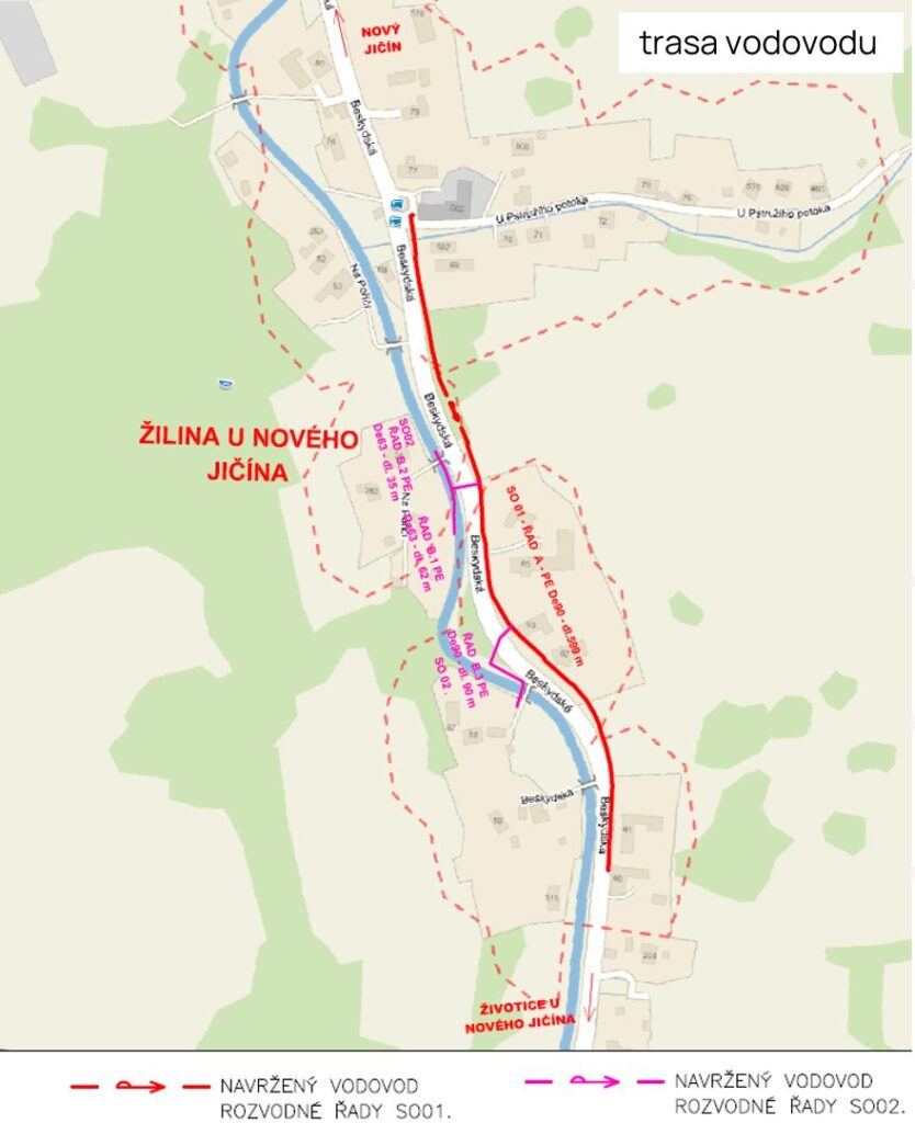 Mapka značící trasu budoucího vodovodu